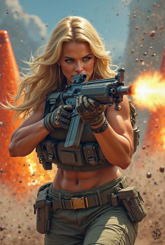 lara croft style heroinde, blonde, triangular face, freckles in nose, very intense blue eyes, medium body spot, 70 mm, cinematographic, very big breast moving by the action, very tight top, very little shorts, gun holsters on hips, very detailed, aggressive and athletic, night war background, City on fire, rain, cars exploding, action film. 