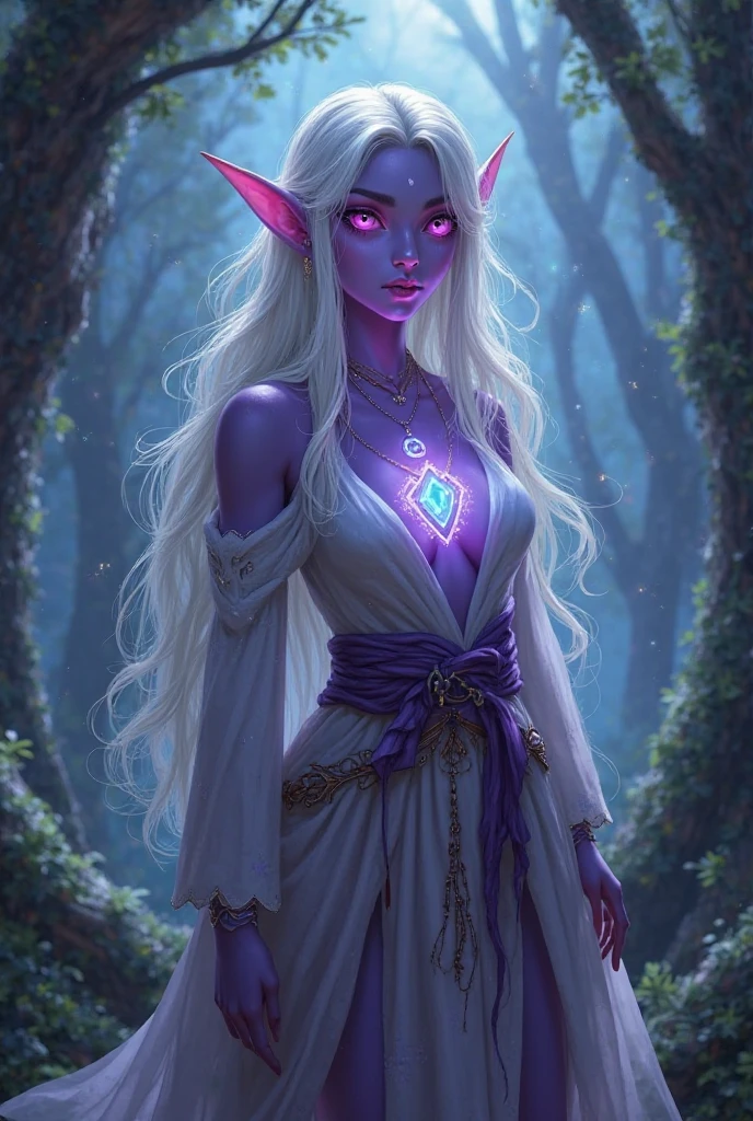 ((ultra realistic illustration:1.2)),(dark fantasy:1.4), In a mystical forest. Beautiful Elven mage. Wild (magenta hair), violet eyes, ((very pale:1.4)), beautifully fit figure, small perky breasts. (tribal war paint), long dress, bare feet .Masterpiece, (highly detailed:1.2),(detailed face and eyes:1.2), 8k wallpaper, natural lighting. core shadows, high contrast, bokeh.