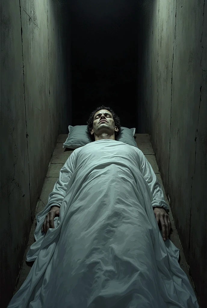 A man lying in a bed completely covered by a sheet seems to be tied by an invisible rope and on either side of him are two demonic shadows that seem to be talking to him. .
On the ceiling of the room you can see 2 cat eyes. The image looks dark..
The image is in black and white. The man seems to be screaming under the sheet.