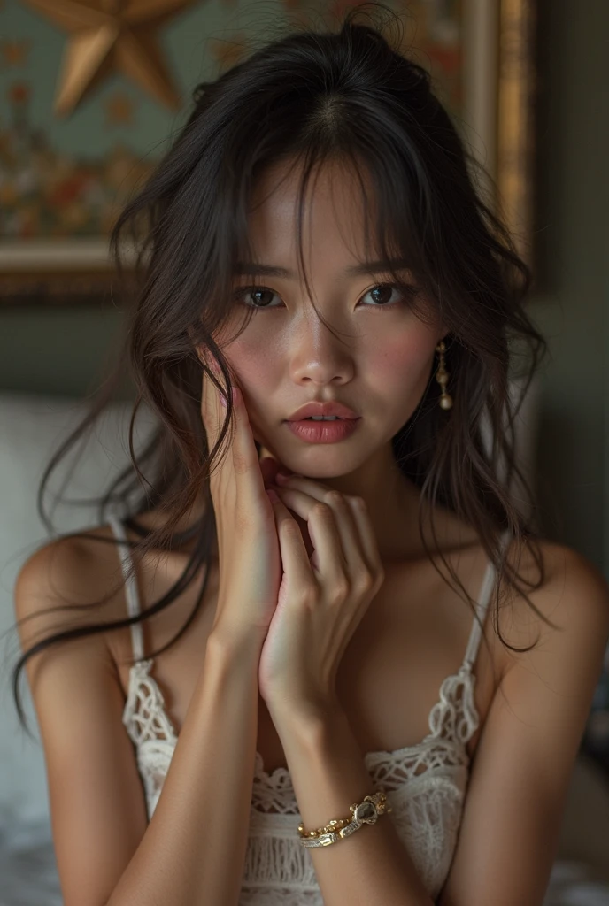 Long black hair　Fair skin　thin　Genuine　woman　photograph　Simple appearance　Natural Makeup　Upper Body　A slightly embarrassed look　Pose hiding the mouth　Ultra-high resolution　Inside the room　quiet　Real　