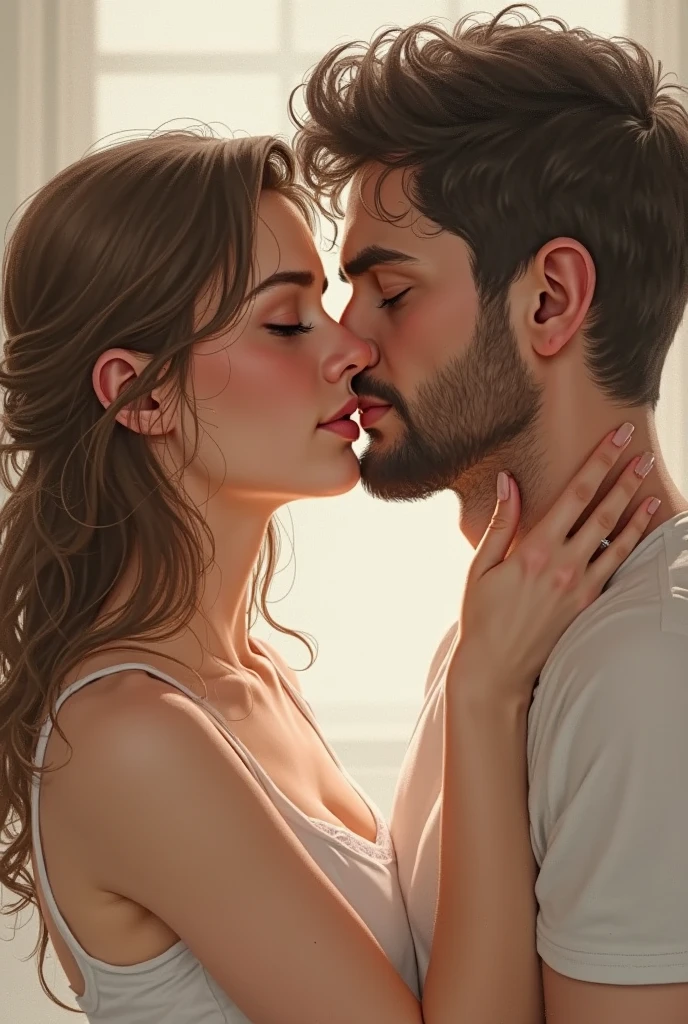 bearded bearded woman, brown hair, amber eyes, kisses the void with her mouth, eyes closed