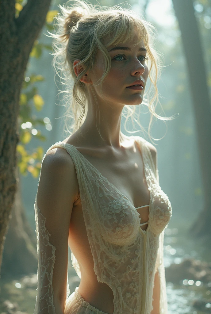 gorgeous young shy woman, Blonde, blue eyes, russian, dusty highway, flowers in wind, fog, haze, sweaty, dripping, hot girl, humid, wet hair, see through sexy nightgown, showing clevage, rose petals, beautiful face, sunlit, covered in flowers and petals, godrays, cozy, wet skin, morning dew, backlighting, hazy, rainy, misty, erotic mood, alone, outside of countryside, shy, masterpiece, best quality, ultra-detailed, solo, smoke, shadows, contrast, close-up, cinematic light, side lighting, ultra high resolution, best shadow, RAW, 4k, sexy, cleavage