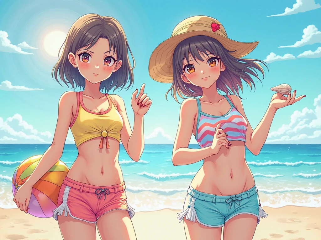 Highest quality、High resolution、Detailed Background、(Beautiful face in every detail:1.4)、Anatomically correct、Hide your fingers、(Detailed facial expressions)、Teenage beauty、(Highly detailed face:1.4)、cute hair color、Brown Hair、Black Hair、Braided bob cut、Braided Ponytail、Braided twin tails、well-groomed eyebrows、A big smile、Uplifting、Cute gestures、A fun atmosphere、
Summer sun、Shining Sea、Small footprint、Walking on the beach、
Enjoy splashing around on the shore、Take off your sandals and jump into the sea、Running around holding hands with friends、
The sea breeze makes my heart feel light、Smiling and innocent play、Endless blue sky and sea、Everlasting summer memories、
(Two girls playing innocently on the beach:1.5)、
Vivid color frill bikini、Cute frilled bikini、We recommend vivid colors such as bright pink and blue.、
Striped one-piece swimsuit、Sporty and casual atmosphere、Short length or A-line style、
Ribbon design tankini、Tankini with ribbon on the tank top、It is both cute and sporty.、Pair your bottoms with shorts、
Bikini with flower print、Floral and tropical bikinis、A glamorous and feminine impression、Even though the design is simple, the pattern creates a cute look.、cute