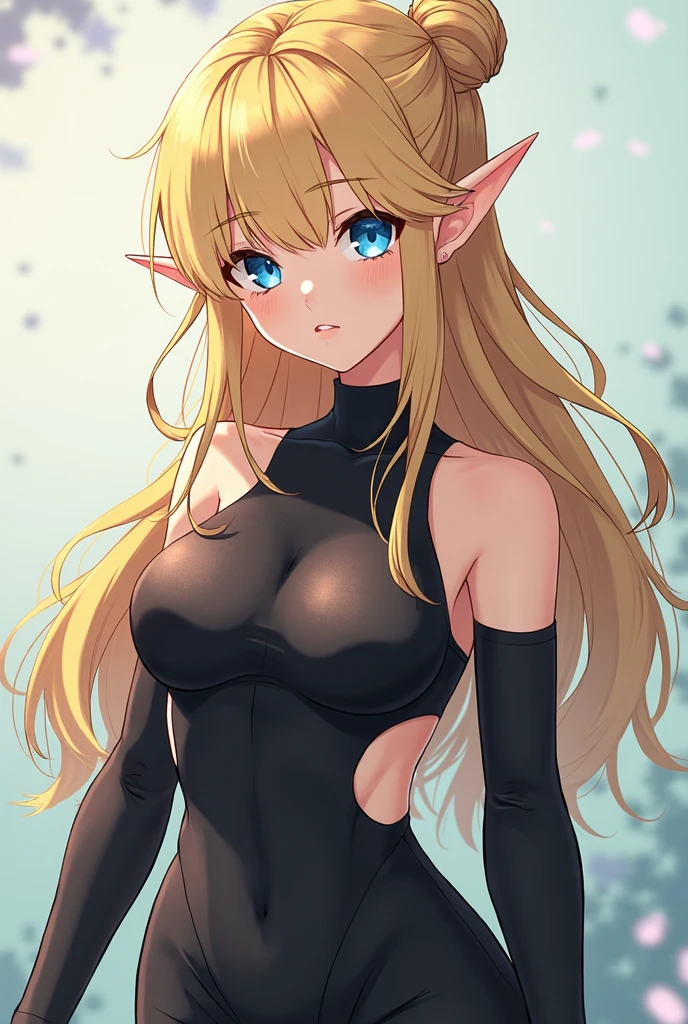 blonde hair, wavy hair, long hair, crown, aqua eyes, long pointy ears, blush, Surrealism, cinematic lighting, drop shadow, vignetting, vanishing point, f/16, 35mm, Sony FE GM, super detail, textured skin, high details, high quality, best quality, masterpiece, Black clothes, pointy medium breasts, thin waist, thick thighs