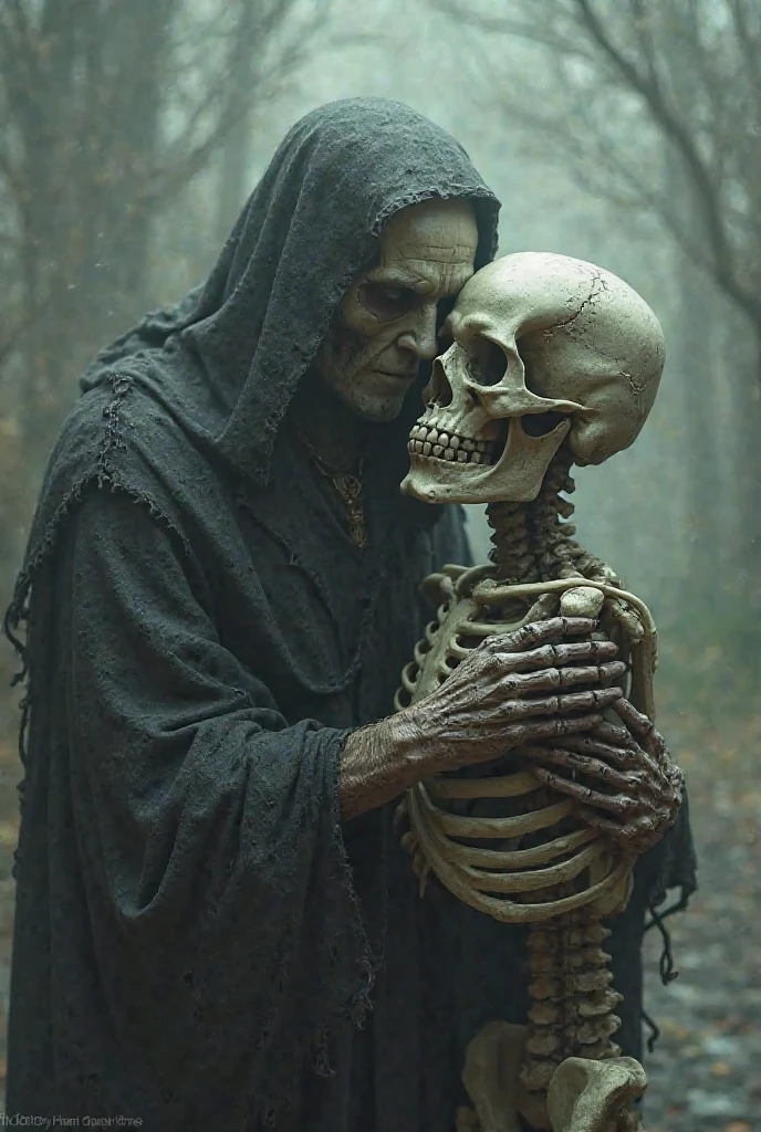 A grunge style old man, tears in his eyes, hugging grim reaper, poignant, dramatic lighting, high contrast, dark and moody, cinematic, photographic, 4k, hyper detailed, realistic, award winning photograph
