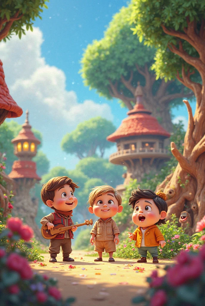 3D animation style -Old Tree in the Garden**: A large, old tree in the garden with a weakened appearance, its branches drooping and leaves sparse. Children are gathered around the tree, looking concerned.