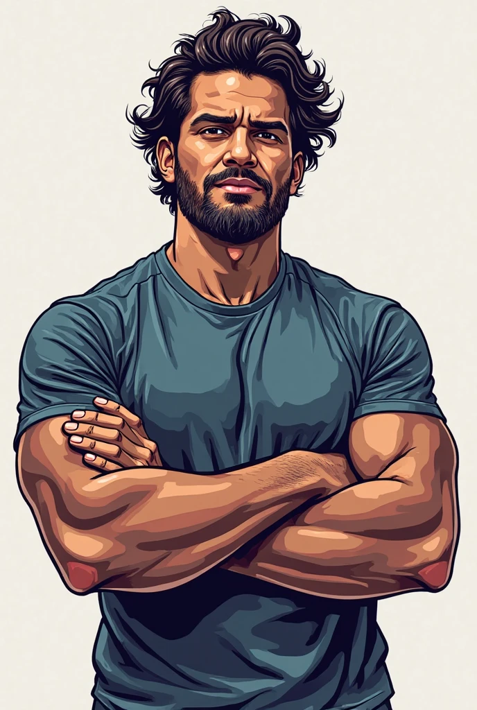 Create a detailed 2D outline of a handsome indian man with a rugged yet handsome appearance, featuring medium-length wavy hair that falls just past his shoulders. His face has strong, chiseled features with a well-defined jawline, thick eyebrows, and intense eyes that convey determination. He wears a striped t-shirt that fits snugly on his muscular frame. The background is minimal, focusing solely on the man's front profile with his head slightly tilted, revealing the natural texture of his hair and facial hair