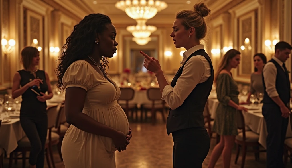 older middle aged caucasian maid in formal maid uniform with back pain with enormous pregnant belly standing in estate dining room serving dinner to 6 wealthy african American women sitting at formal table 