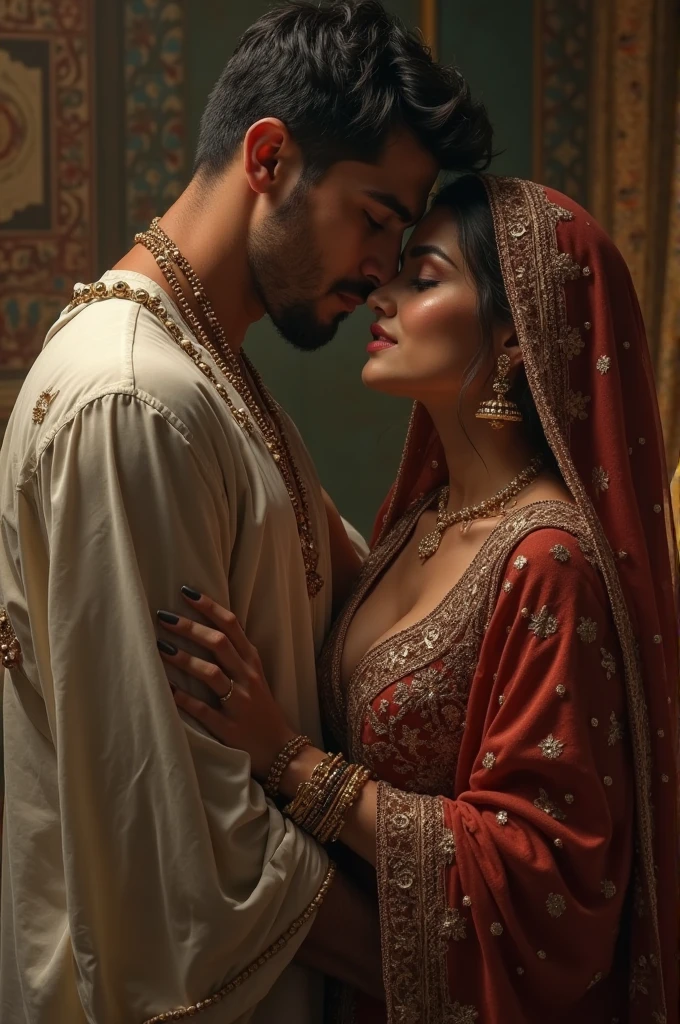 beautiful chubby woman wearing red sare and golden jewelries and red sindore on head smiles sitting on back of a masculer muslim man wearing salwar,hairy chest,wite Taqiyah on head 