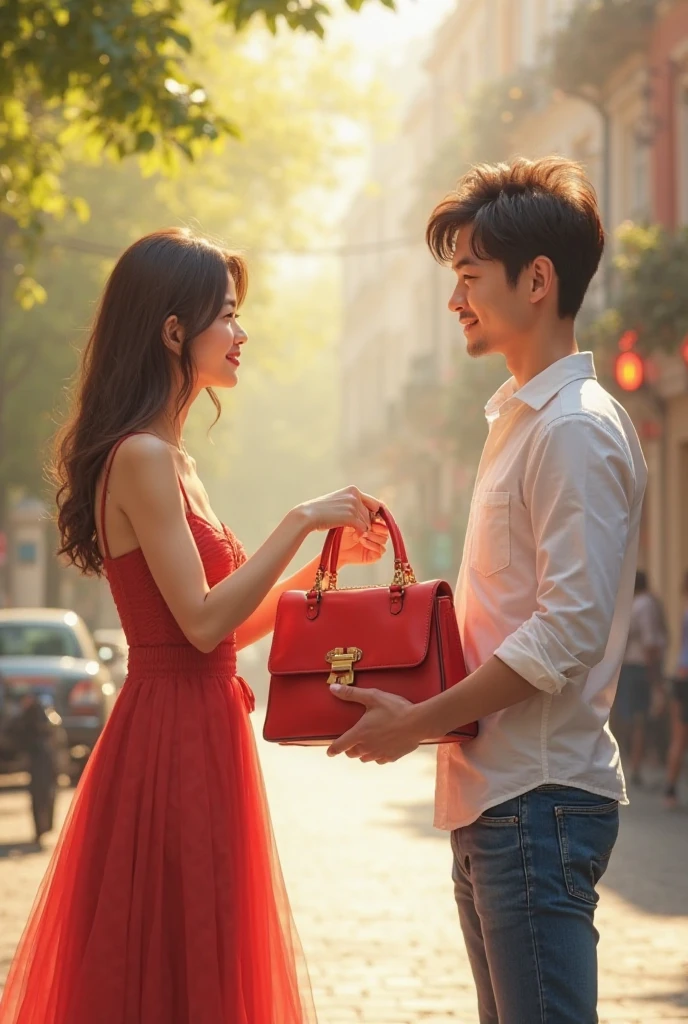 Create a picture of a man giving his wife a bag as a gift on Christmas Eve