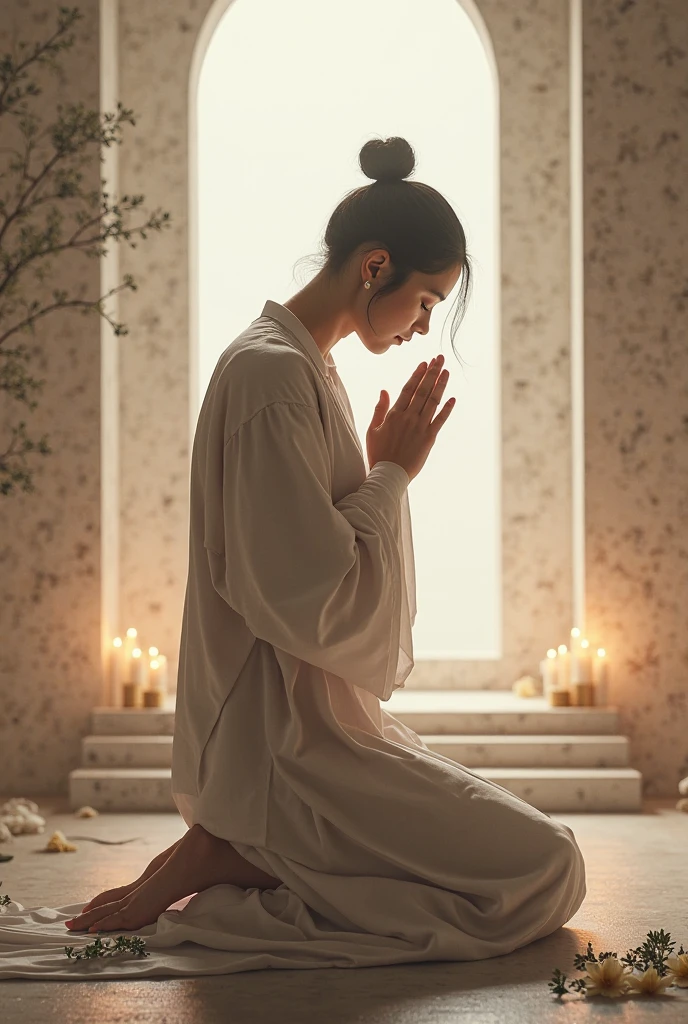 Prayer space Comfortable space where you can kneel without discomfort. Place a soft rug or special cushions on the floor, that are thick enough to cushion your knees and provide a comfortable posture. Place them in front of an object of devotion, like an altar, to create a focal point during prayer. If you prefer, a padded prayer bench can be an alternative, providing greater comfort and support.