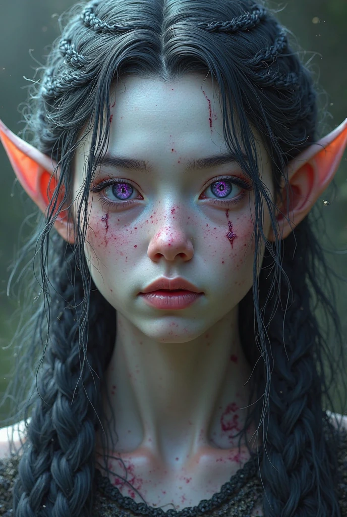Young adult man with pale skin and scars and braided hair and purple ...