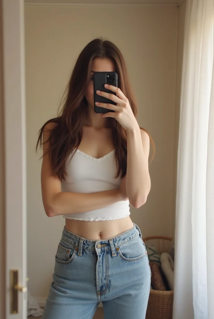 15 YEAR OLD girl, adolescente, rebelde, pelo corto liso rojo, pantalones baggy, polera suelta, en su habitacion, sacandose una foto en el espejo mostrando su celular, realista, gotica 