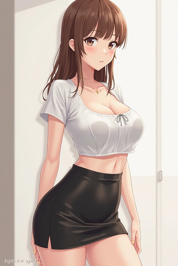 Masterpiece, best quality, solo ,big breasts, minami kotori, curvy body, jacket,tank top, busty breasts, breasts flashing,earrings, pencil skirt, standing,police cap, cowboy shot, thighs, narrow waist,wide hips, blushing,shy pose, skin tight