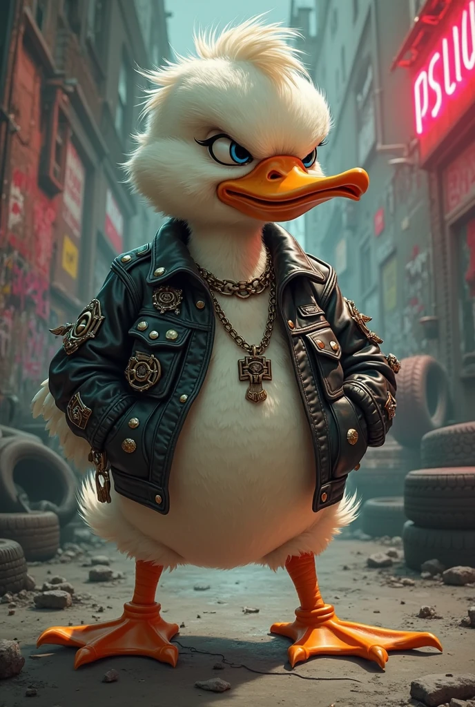 The fierce duck is holding a gun.