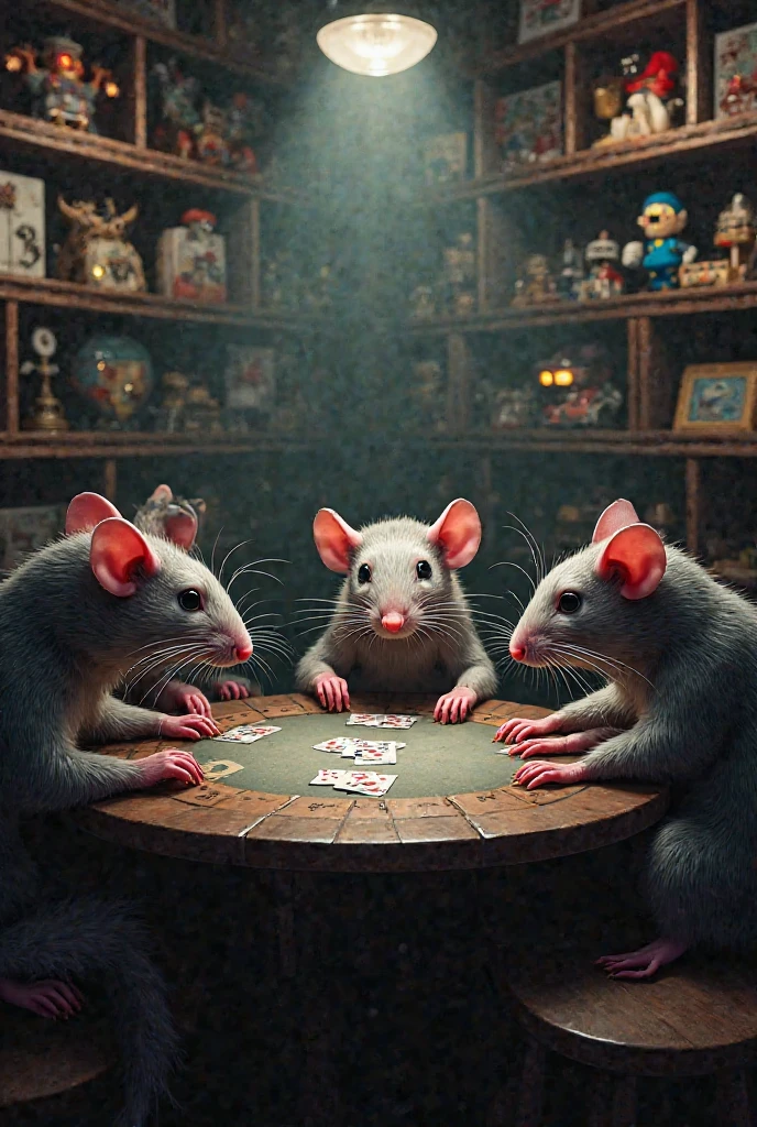a group of rats in the nursing home gather around a table for a game of cards, with one rat wearing a monocle and another puffing on a cigar. The rendering style is reminiscent of a classic oil painting. <lora:add-detail-xl:1> <lora:MJ52:0.5>