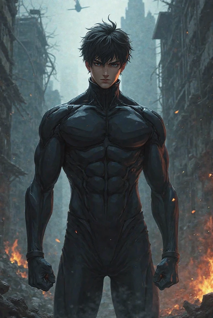 male character, brown hair combed to the sides, skull mask covering the face. Black clothes like futuristic armor, anime dash