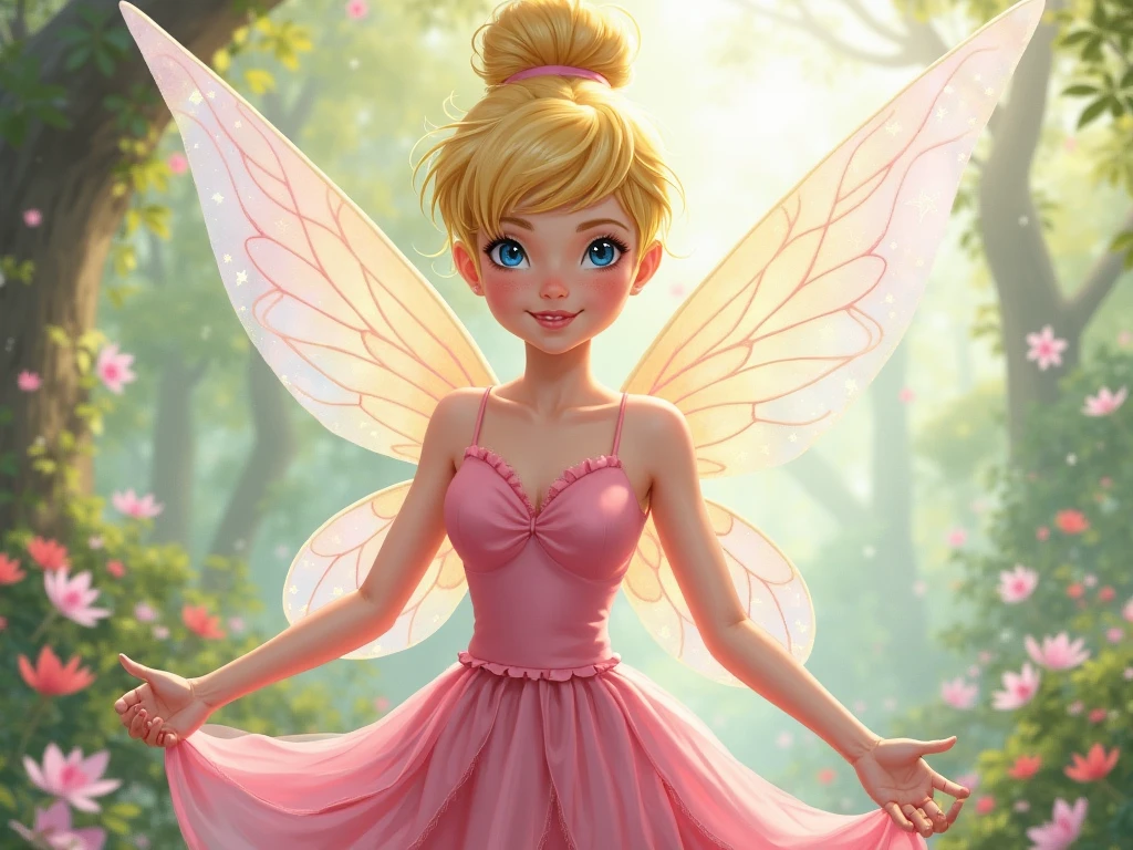 Flora,dark skin, long brown hair, blonde hair strips, green eyes, FairyOutfit, pink dress, pink gloves, sparkling outfit, flower necklace, green fairy wings, boots, looking at viewer, smiling,blush, lying, on side, on grass, forest, natural lighting, high quality,masterpiece, <lora:WinxClubFlora:.8>