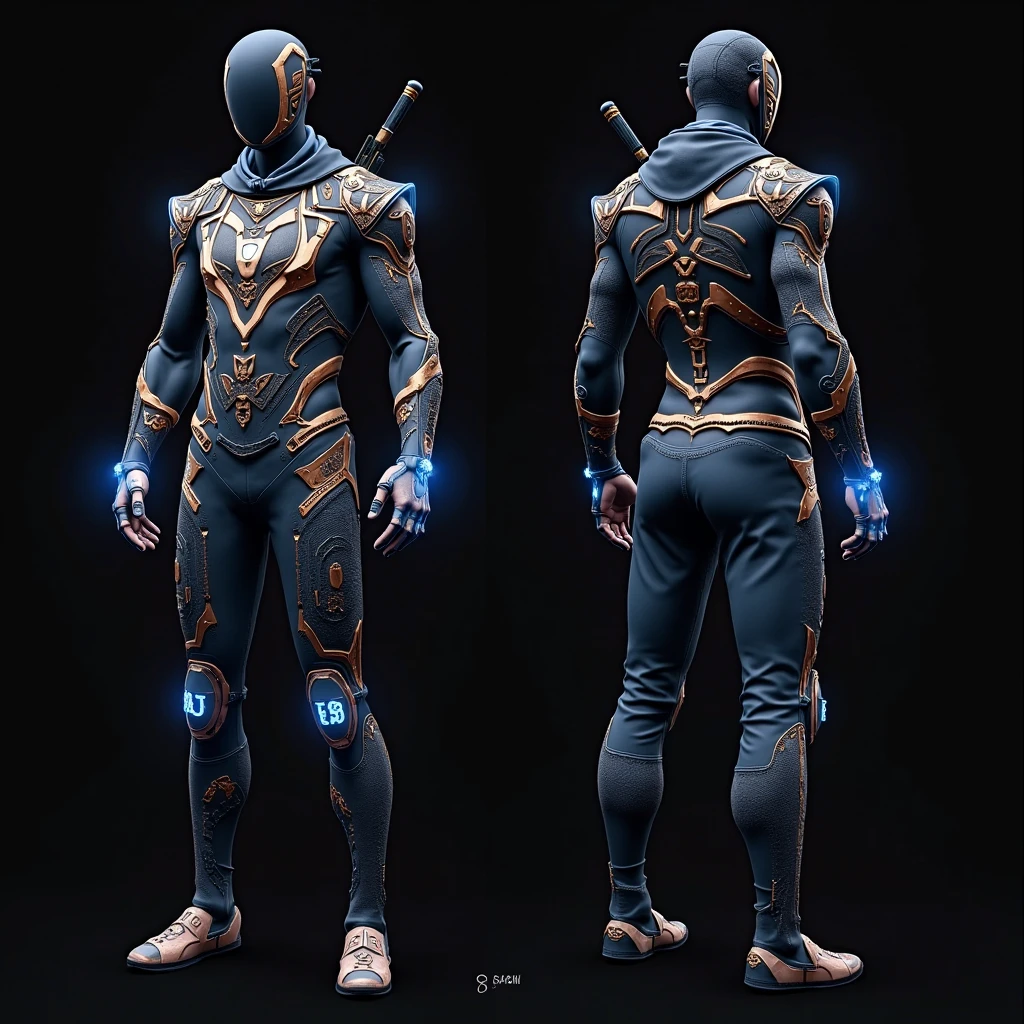 3d model, sci fi, design plan of a ancient magic rune integrate with futuristic technology, glowing runes with a bright light, high tech, high tech clothes, side view, front view, top view, creative concept, weapon on both sides, energy glow surrounding the clothes, small decoration on the front and back, small rune engrave on clothes and body frame, energy glow charging, blue, gold and black theme, defense unit design, 
high class clothes, simple but futuristic clothes, creative innovation, glowing inscription, aura on clothes, electric discharge from the rune, inscription and rune on body frame, comfortable and simple concept, black background