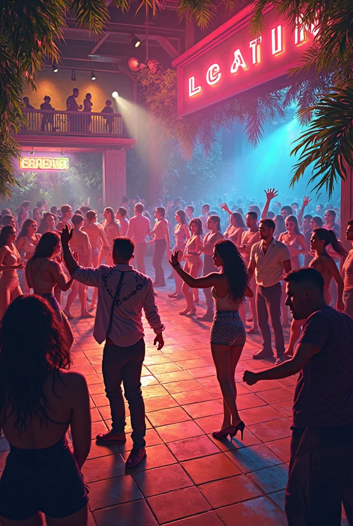 CREATE A PIXEL ART of an image where we have a city party at night, How are the communities of Brazil,where is the funk party taking place?, and whoredom. women dancing in short clothes and tiny bikinis , motorcycles parked, beer cans spilling on the floor and used condoms, 2 or panties thrown on the floor. a vendor with a Styrofoam box on his shoulder. asphalt floor, dog feces, bitten barbecue with flies on top, a couple having sex in the background, In the middle of the crowd.
