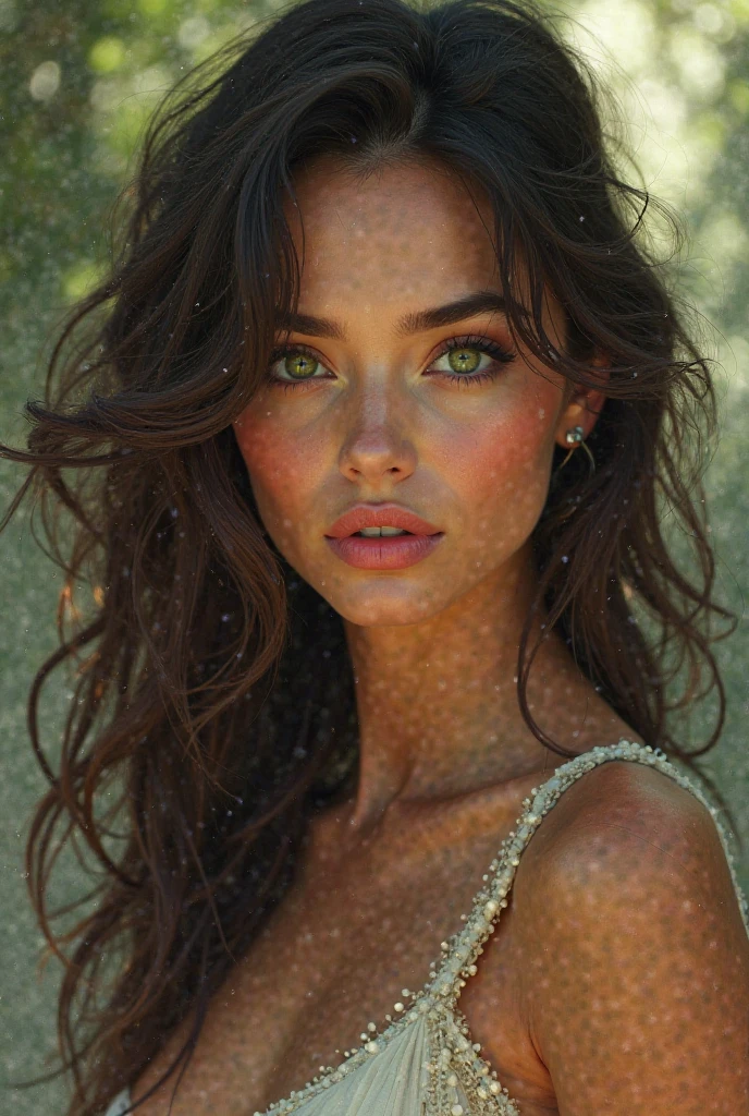 Beautiful girl with long wavy hair, yeux verts, at the restaurant with friends. She has tanned skin and is cute. ultra realistic. 4K