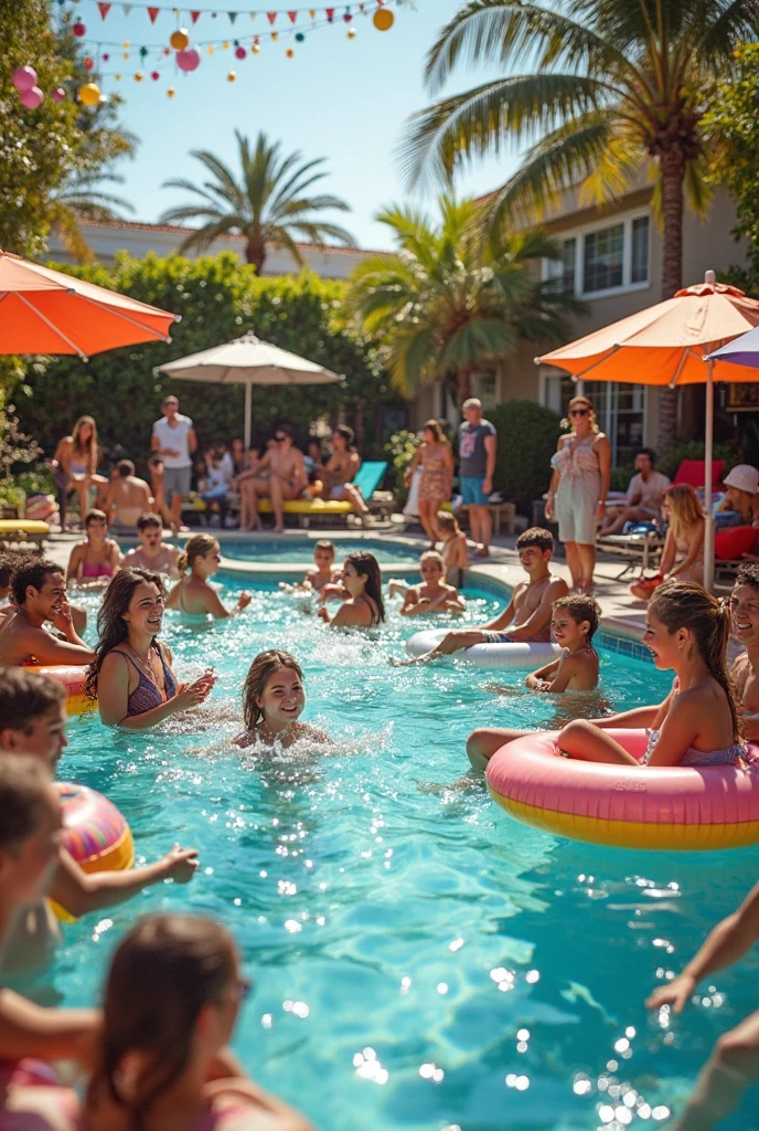 (masterpiece, best quality), beautiful group of men and woman swimming in a pool, polarized sunglasses, pool party, balloons and confetti, cakes everywhere, orange and purple,, bright colors, clean lines, photorealistic