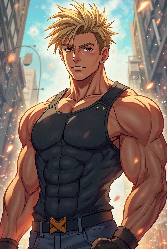 Man with athletic body and black shirt with long hair working as a firefighter