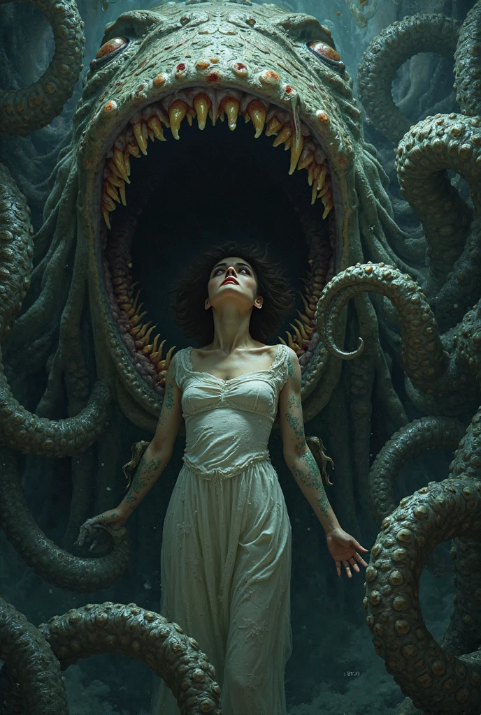 Cthulhu watching over a beautiful woman