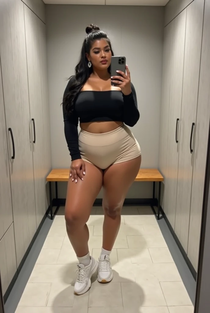 Cinematic lighting, light source in front of subject,photorealistic image, analog photo, ((thick short midget Dominican Woman))), large round head,looking directly at viewer,long skinny micro dreadlocks hair standing with hands in front of back, wearing a open varsity jacket,gym clothes, small breasts, muscular slim stomach, curvaceous lower body,highly detailed face and eyes, highly detailed imperfect skin, realistic skin, highly detailed clothing, viewed from front ,Instagram model, round hips, curvaceous calves, highly detailed hands, curvaceous body, standing in a dark room, round curvaceous lower body, extra wide hips, extra thick thighs and legs