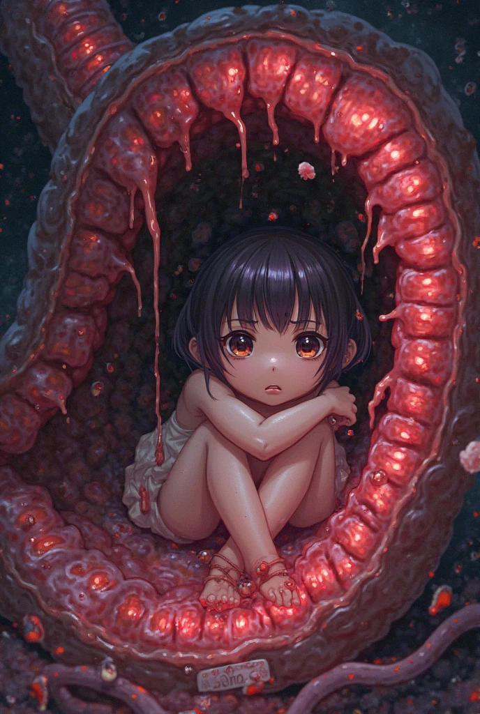 (((Erotic and grotesque:1.5))), Black Hair Girl, Melted clothes, (In the stomach of a living thing), Being swallowed, Mucous membrane attached to the body, Mucous membranes penetrating the genital area, Pierce the stomach to expose the innards, Red background, Complex shapes, Slime \(substance\), masterpiece, (Highest quality, Very detailed), Melting Body,anatomy,(Browsing Caution),Vomiting bodily fluids,Prying open the genitals and penetrating the mucous membrane,grotesque, Slimy texture,(My body started to melt too...),bleeding from the genital area,,,Mucous membrane entering the mouth