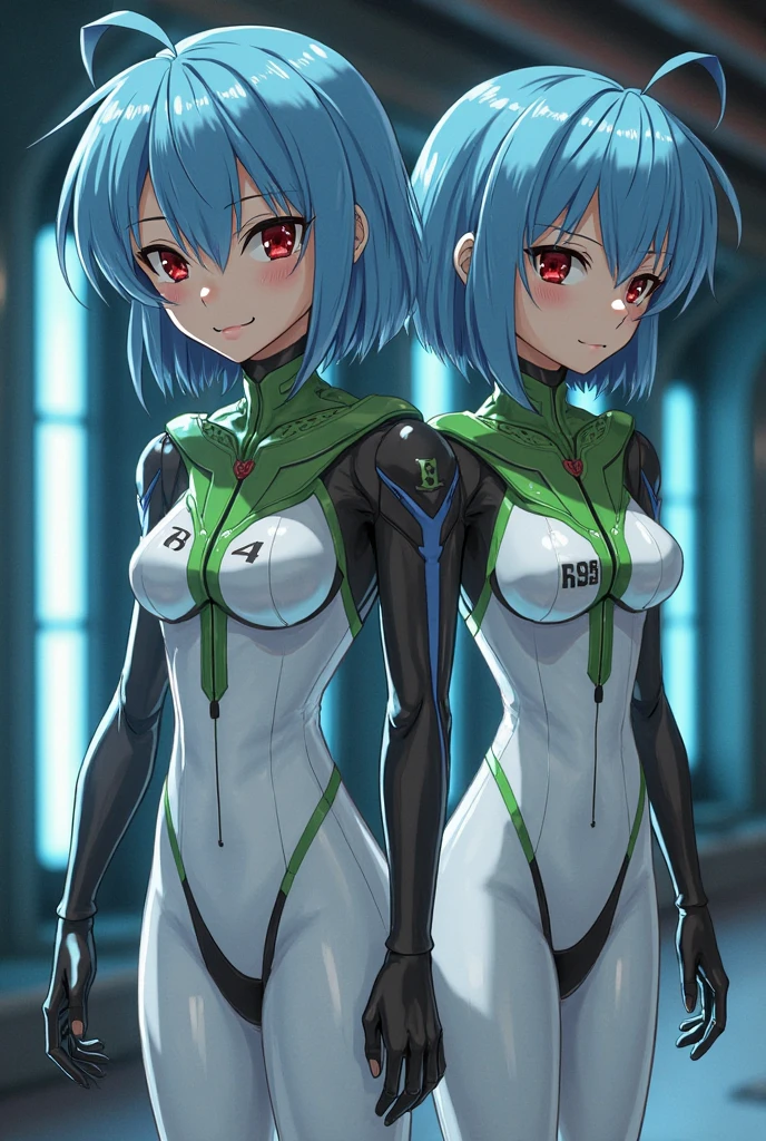 science fiction, machine girls(twins, metallic skin, metallic green hair, short hair, cyber joint, ball joint, green flash eyes, arm armor, leg armor, body armor)