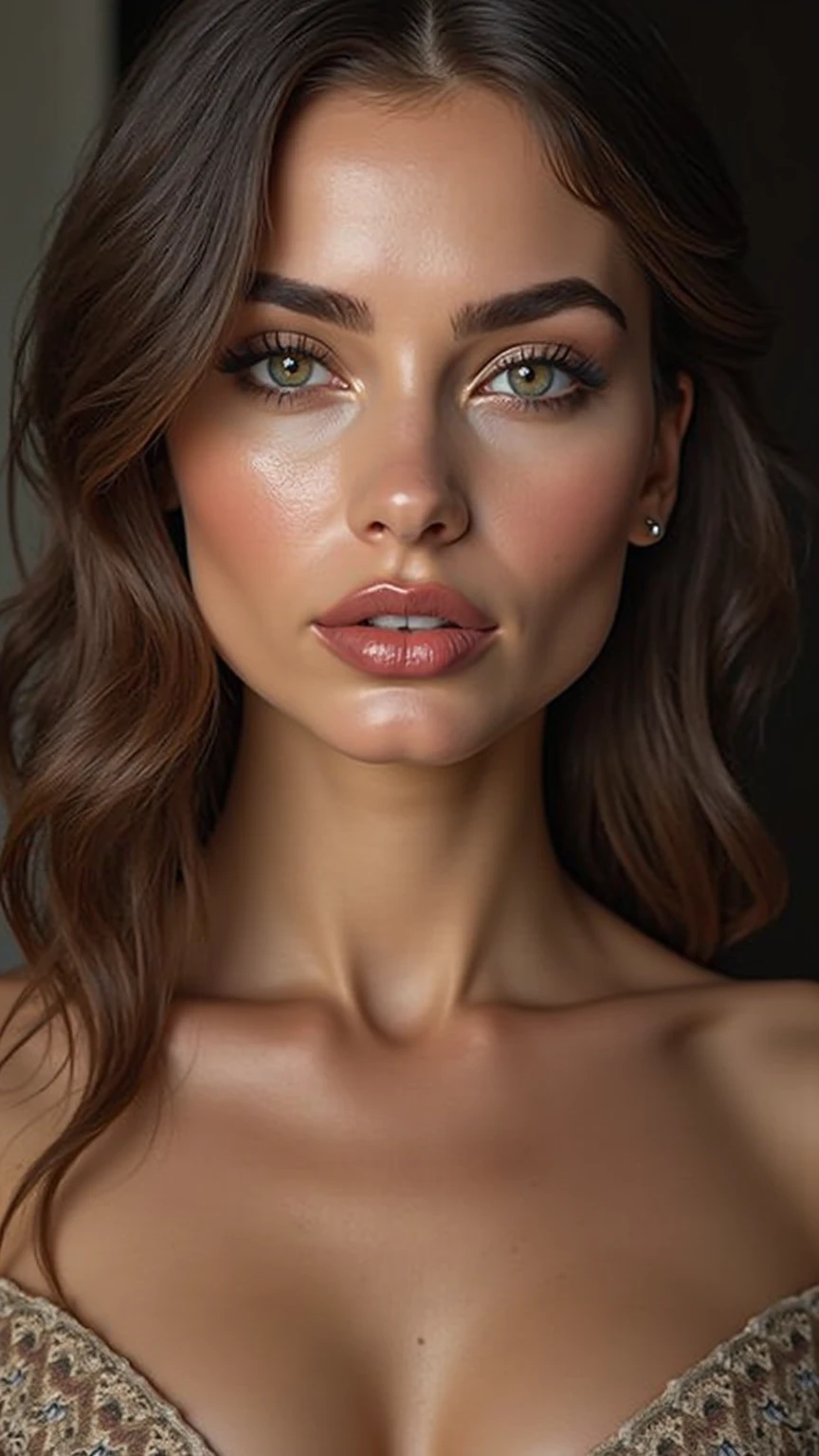 Photo, (sharp focus:1.2), attractive young woman, (beautiful face:1.1), detailed eyes, (smile:0.7), (body freckles:0.9), (medium breasts:0.8), (toned body:1.2), shiny (brown hair:1.1), wearing (sundress:1.2). depth of field. 4K, HDR. by (James C. Christensen:1.2|Jeremy Lipking:1.1).