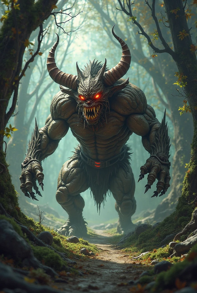 Spider and bull combination,background forest, make it muscular, stronger aggressive, looks bigger hybrid, dengerous, super powerful, lightning background, bigger hybrid, make it one head, Red eyes volcano body . make it mythologycal ,mythical creatures , hd , realistic