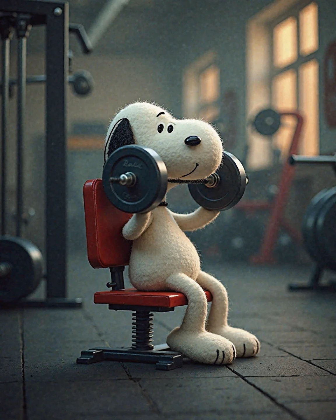 Muscular Snoopy in the gym doing military press

