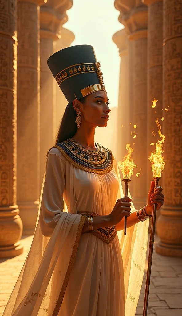 (masterpiece, high resolution, UHD, photography:1.3, by Greg Rutkowski), captivating Egyptian woman, (in mesmerizing ancient Egyptian attire:1.2), flowing garments adorned with intricate patterns and jewels, standing in an Egyptian tomb, (soft torchlight casting shadows:1.2), revealing details on the ancient walls, (sensual atmosphere:1.3), mysterious smile, alluring gaze, golden accessories reflecting light, (intense, warm colors:1.2), creating an enchanting ambiance.
