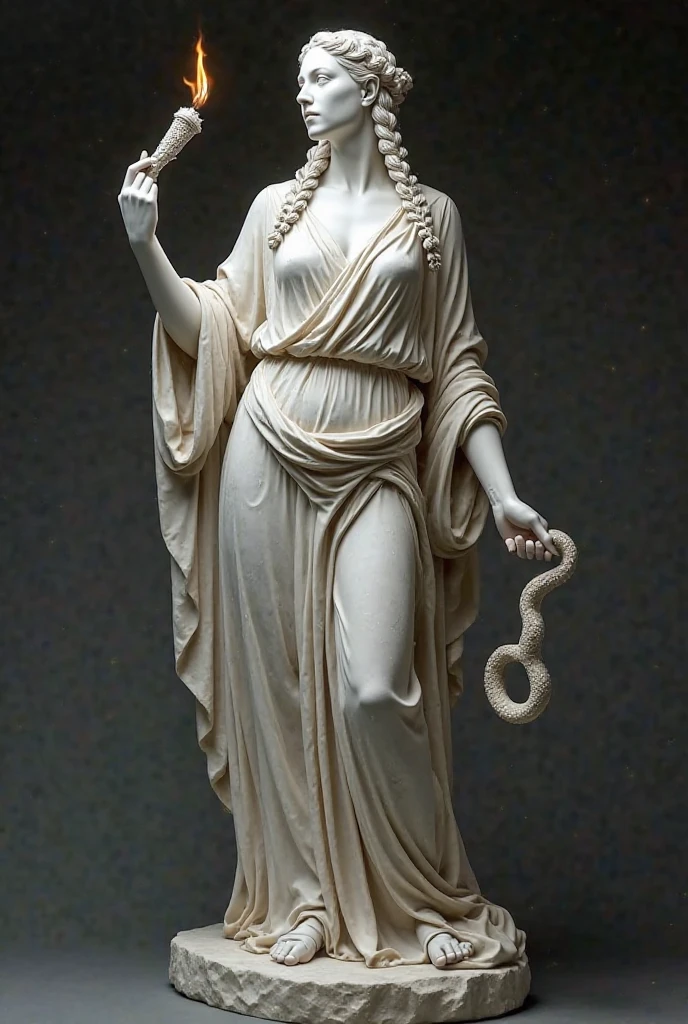 Marble statue of Ophiuchus (female), 1 female, 1 snake, hugged by snake, (naked: 1.4), spotlights, high contrast, masterpiece, best quality, best quality, cinematic lighting, photorealistic