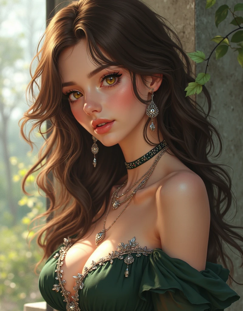 a close up of a woman with long hair wearing a green dress, cute woman painting, realistic digital illustration, realistic digital painting,  digital art 4k, realistic digital art 4 k, 🤤 girl portrait, realistic artstyle, gorgeous digital painting, beautiful digital illustration, beautiful digital painting, beautiful digital artwork, realistic digital art, brown hair, brown eyes, cleavage