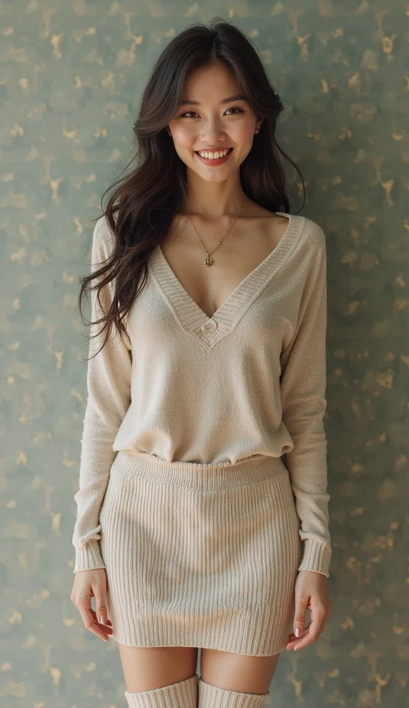 Japanese women in their 80s
long hair
tight sweater
Moe sleeve
short length tight skirt
ribbed thigh-length knee-high socks
A big smile
very large breasts
Open chest design
The cleavage is visible
sense of reality
high heels
high nose