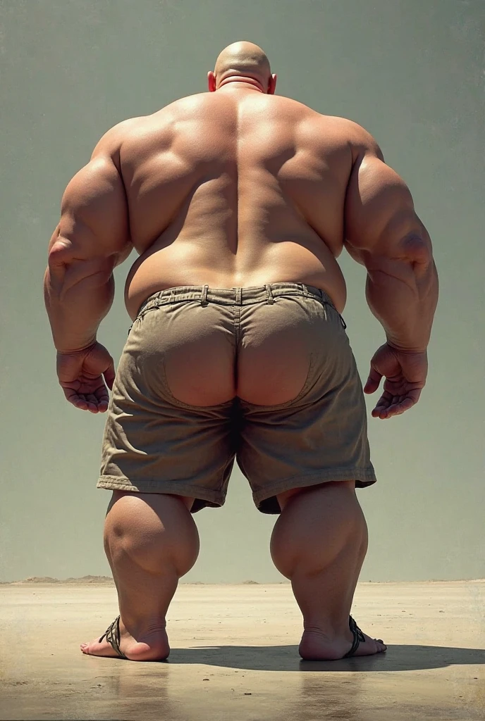 A portrait full body photograph A tractive mid age heavy trucker-driver, bald Strong, muscular, hairy big belly bodybuilder, wearing a very small trunk (((showing very hairy pubis))), standing at the beach completely natural, back view, hairy back, epic realistic, photo, faded, neutral colors, ((((hdr)))), muted colors, intricate scene, artstation, intricate details, vignette --auto --s2