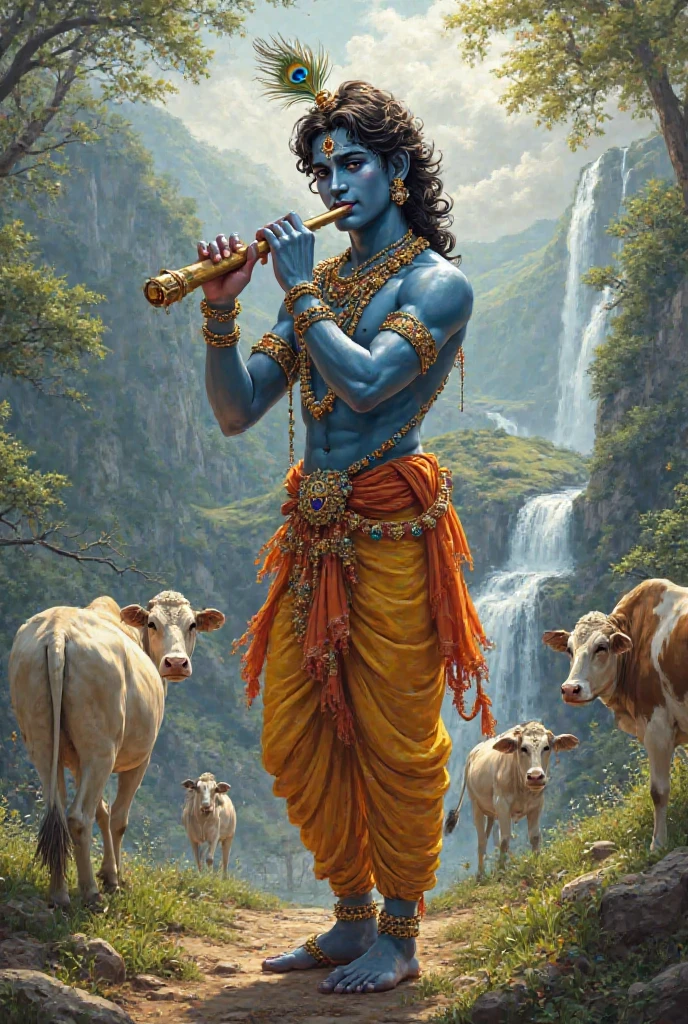 lord krishna play fluet. createa beautiful image. waterfall greaneary image cow eating grass. lord Krishnastanding.