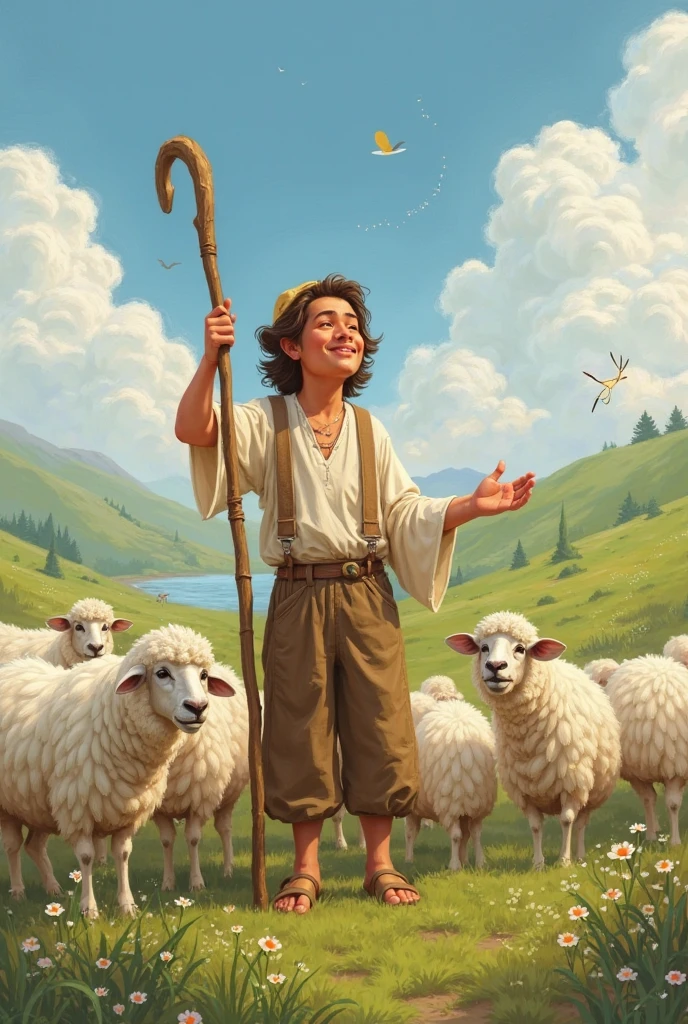 Painting of a boy holding a sheep in a field with a tree - SeaArt AI