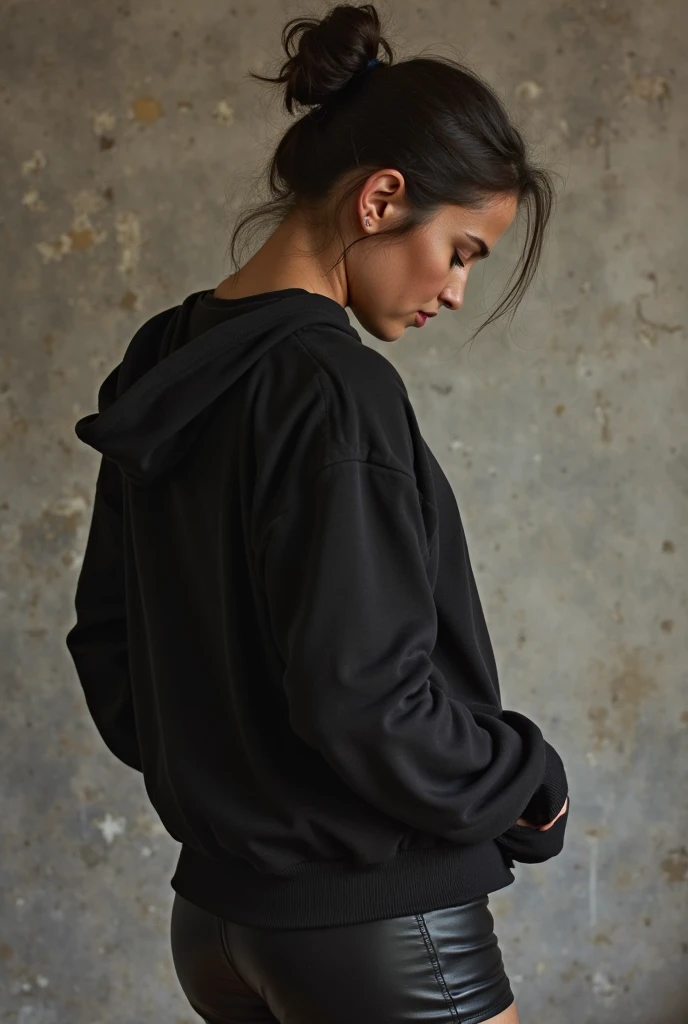 black woman hair in a bun black hoodie black leather short shorts being fucked in the ass by a old grandma in a dress