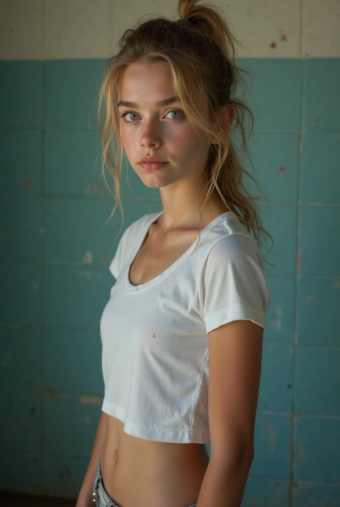  a girl,  ager,  18 years old, youthful, skinny, high, king, messy ponytail, vivid blue eyes, small breasts, small waist, small butt, with freckles, with braces , youthful-looking skin, pretty face,  hot body , the most beautiful girl in history,  full body panoramic image , looking deeply at the viewer with a look of innocence but with a seductive expression, photo taken in prison , dressed in shorts that reveal most of her legs and almost a little of her buttocks,  dressed in a small white sleeveless t-shirt that reveals almost all of her belly , with a neckline that highlights small but attractive breasts, clothing generally further highlights their attractiveness., wet, 
