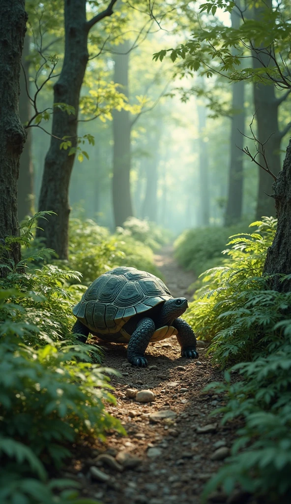 Turtle On Path The turtle ran alone through the dense forest path. - SeaArt AI