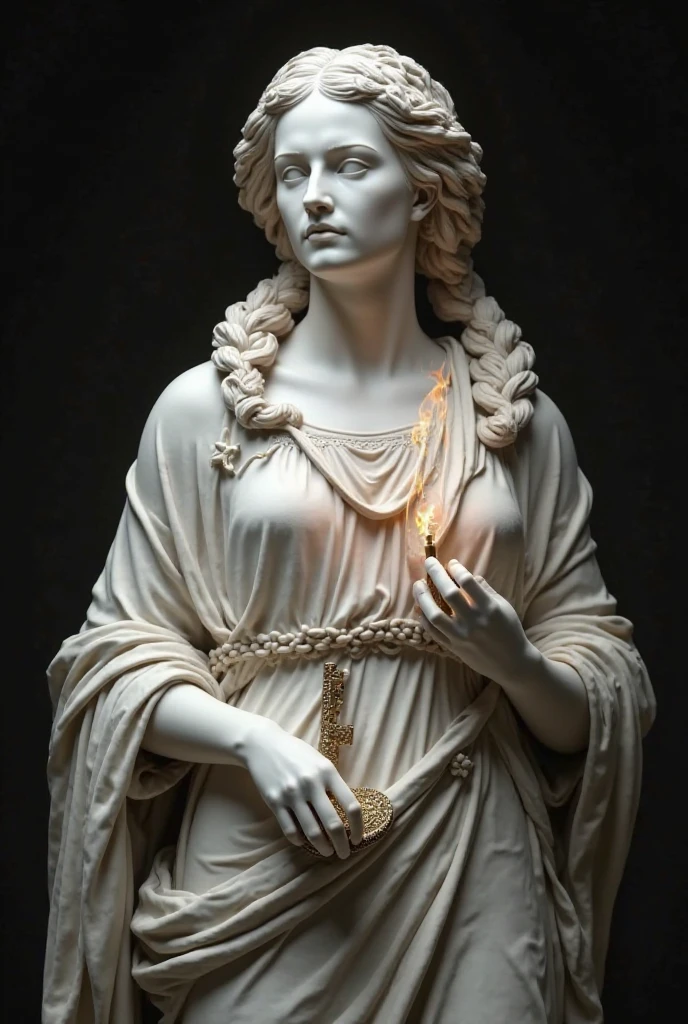 A pearly marble statue, desgastada pelo tempo, hyper-realistic of a Roman woman with delicate and sensitive features, segurando uma rosa vermelha, fresca, como se seu cabo verde tivesse sido podado a poucos segundos, while still maintaining the extremely vivid colors of the delicate and blossoming petals, poeira antiga, and their facial expressions reveal deep lament and grief thought which it is necessary to deal with, but impossible to forget. A background of Roman columns like those typical of temples of the Hellenistic period, petrified birds, musgo seco petrificado, cores suaves e desbotadas, para enfatizar a seriedade da cena, DEAD BIRDS, besouros petrificados. the illumination falls splendidly under the statue, Making the image almost impossible to distinguish between an animation and a photo of a real location in ancient Greece, por exemplo.