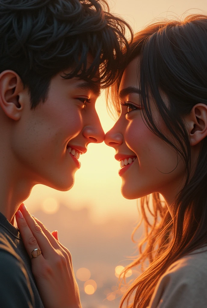They looked at each other,Stand together with a smile, cinematic Film still from, award winning movie still, promotional movie still, Film stills promotion, kissing together cutely, cinematic Film still from, film promotional image, Background with, film promotional still, Kiss, romantic lead, film movie still, netflix, 4K), 4 k'' ), couple kissing, photoshoot, kissing together