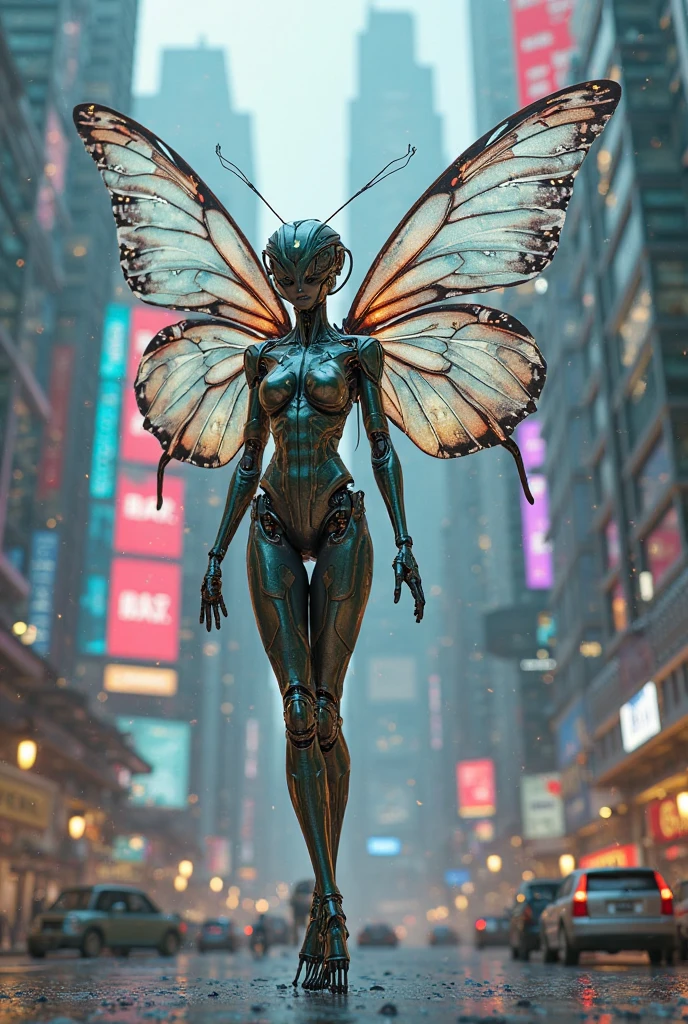 Create images of sexy women with realistic cyborg faces and bodies。A Japanese idol girl wearing a butterfly-like plug suit、Detailed skin、Actual item、Waterfront、photograph、Butterfly Wings、Ancient Technology、Model pose、cyber punk