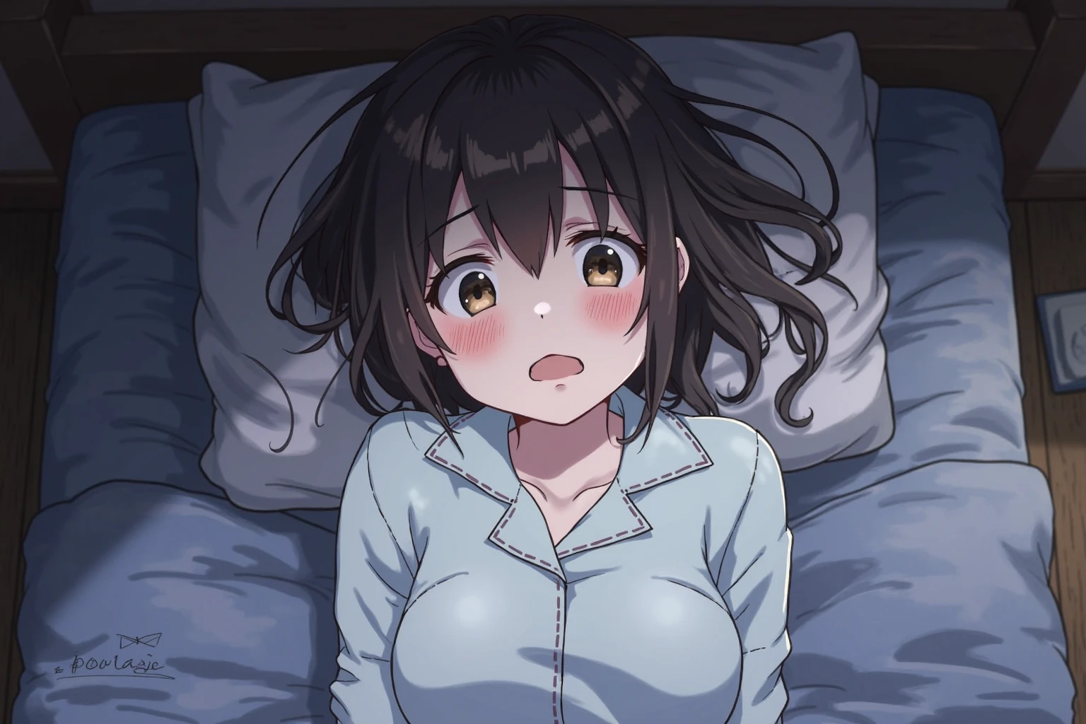 1 Girl,solo, chitandaeru,shiny skin,,,,,portrait,blur,lying back on bed,masterpiece, highest quality, Super detailedな, High resolution,4k,(Super detailed:1.4) (figure:0.5), (Ray Tracing,:0.8),(Anime Color:0.7),(AI-generated:0.5), (Anime screenshots:1.2),fog,front view,from above,arms up,lingerie,blush,embarrassed,heavy breath,open mouth little,aged up,holding pillow,breast squeeze,