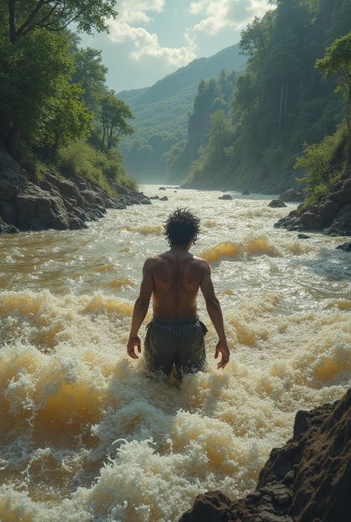Fat typicall Papua New Guinea man washing without clothes alone the river bank.