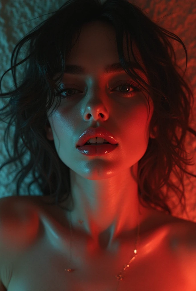 sexy seductive and sweaty model (pale white like snow)(dark black hair ironed)(shiny light blue eyes)(touching her pussy), (completely wet in very white and thick semen), (kneeling)(with her tongue completely out asking for semen in a seductive way)(seductive look)(dark room)(thick lips)(big tits)(touching her pussy)(big tits)(pink pussy),  runs down her nose, face, neck and breasts(red neon led lights).